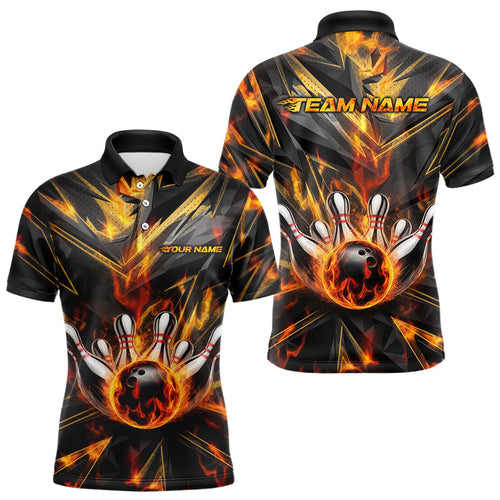 Custom Flaming Bowling Polo Shirts For Men, Fire On Black Bowling Team Shirt Outfits IPHW8010