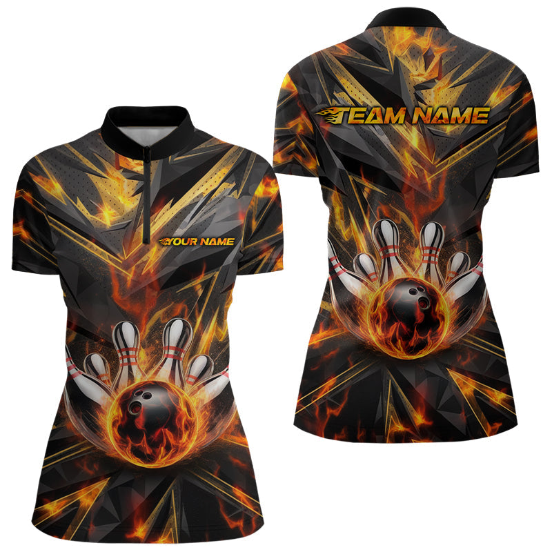 Custom Flaming Bowling Quarter-Zip Shirts For Women, Fire On Black Bowling Team Shirt Outfits IPHW8010