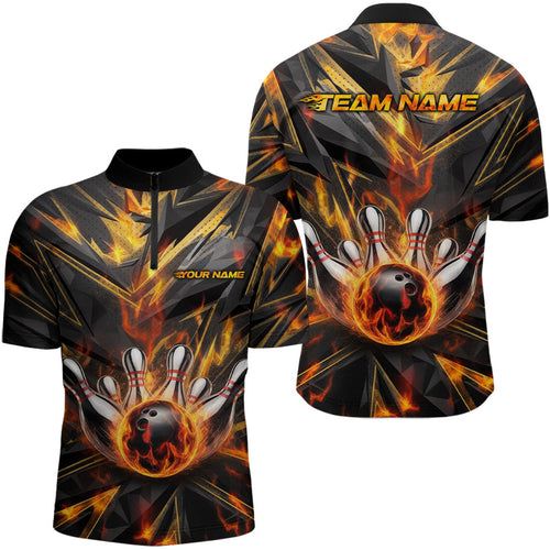 Custom Flaming Bowling Quarter-Zip Shirts For Men, Fire On Black Bowling Team Shirt Outfits IPHW8010