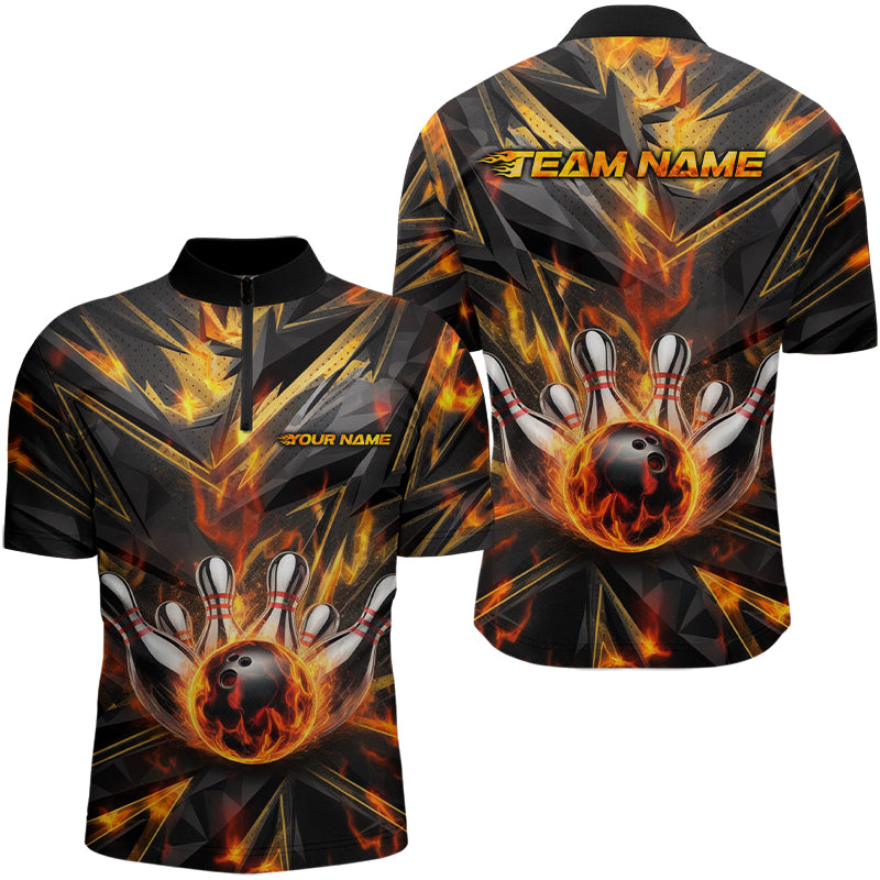 Custom Flaming Bowling Quarter-Zip Shirts For Men, Fire On Black Bowling Team Shirt Outfits IPHW8010