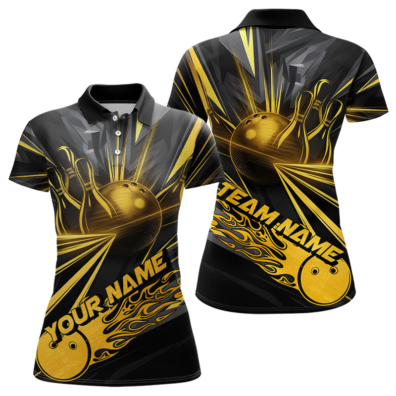 Custom Black And Gold Bowling Polo Shirts For Women, Flaming Bowling Tournament Team Shirt IPHW8013