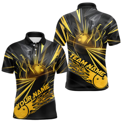 Custom Black And Gold Bowling Polo Shirts For Men, Flaming Bowling Tournament Team Shirt IPHW8013
