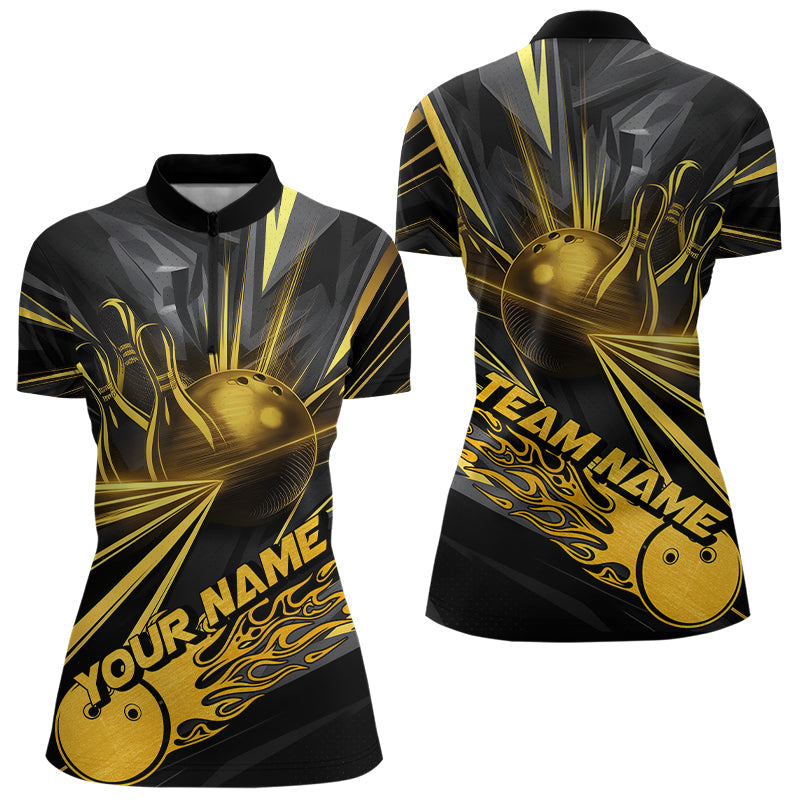 Custom Black And Gold Bowling Quarter-Zip Shirts For Women, Flaming Bowling Tournament Team Shirt IPHW8013