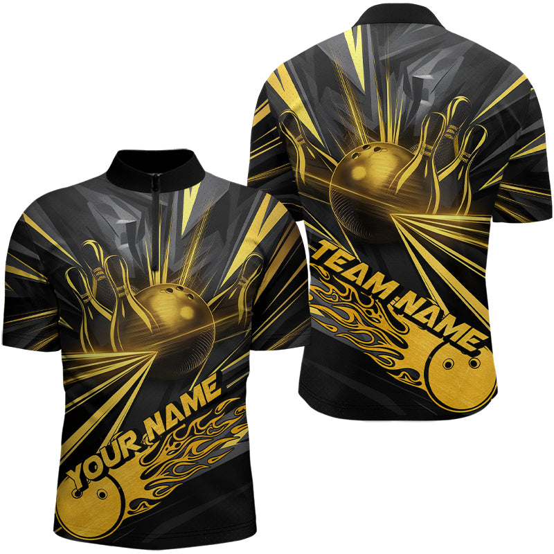 Custom Black And Gold Bowling Quarter-Zip Shirts For Men, Flaming Bowling Tournament Team Shirt IPHW8013