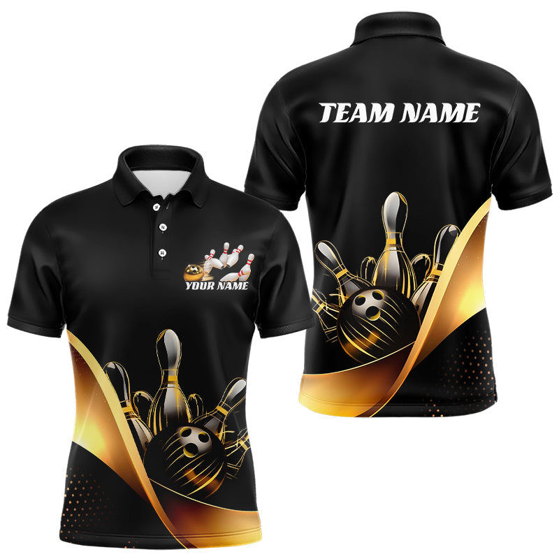 Custom Black And Gold Bowling Polo Shirts For Men, Bowling Team Shirt Bowlers Outfits IPHW8014