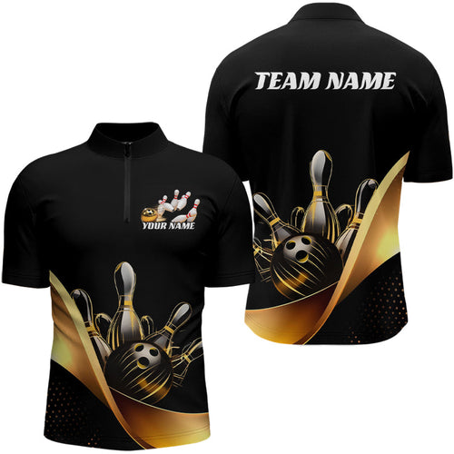 Custom Black And Gold Bowling Quarter-Zip Shirts For Men, Bowling Team Shirt Bowlers Outfits IPHW8014