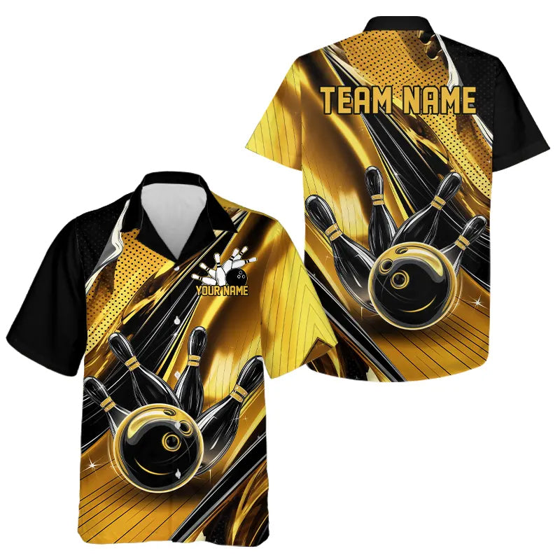 Custom Black And Gold Bowling Jerseys For Men, Bowling Team Hawaiian Shirts With Name IPHW8016