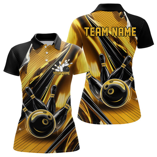 Custom Black And Gold Bowling Jerseys For Women, Bowling Team Polo Shirts With Name IPHW8016