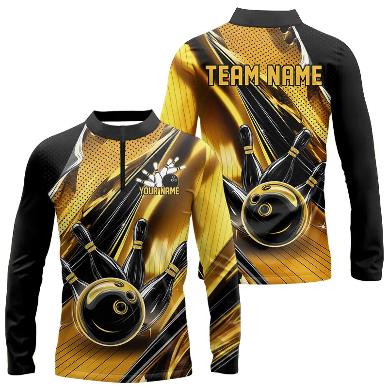 Custom Black And Gold Bowling Jerseys For Men, Bowling Team Long Sleeve Quarter-Zip Shirts With Name IPHW8016