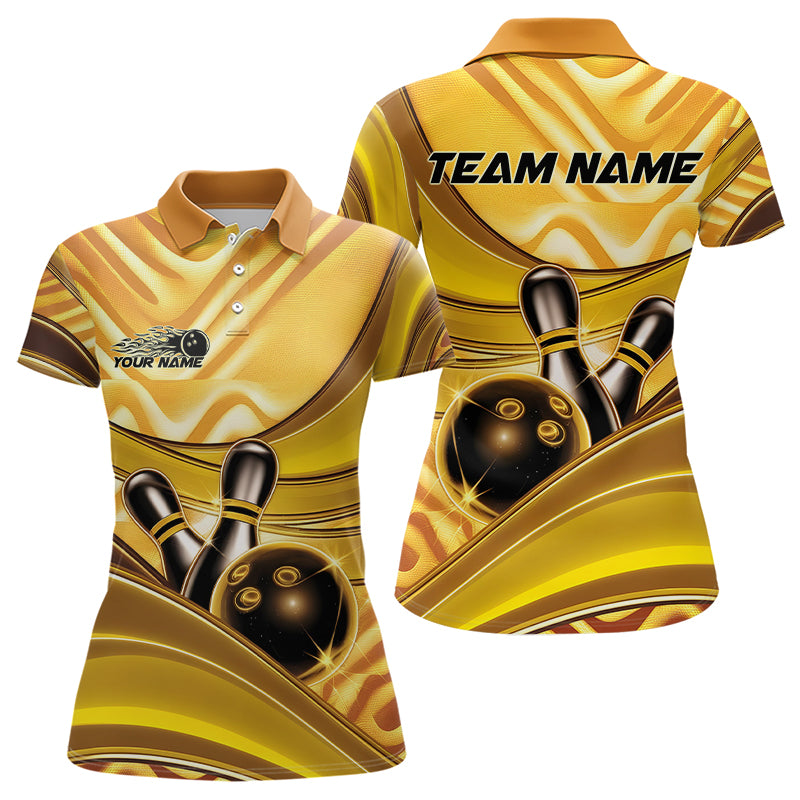 Custom Black And Gold Bowling Jerseys For Women, Bowling Team Polo Shirts With Name IPHW8017