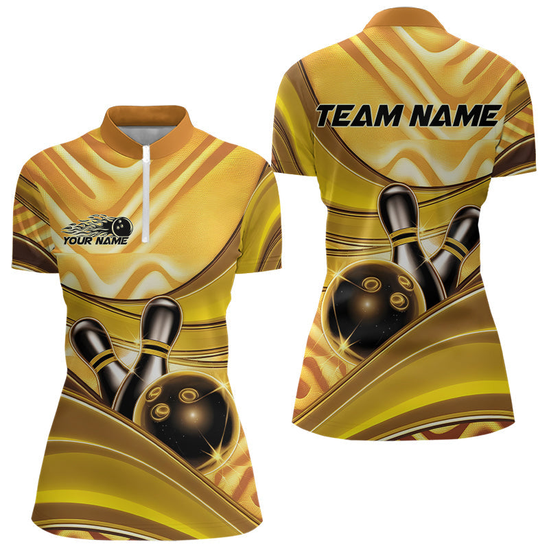 Custom Black And Gold Bowling Jerseys For Women, Bowling Team Quarter-Zip Shirts With Name IPHW8017