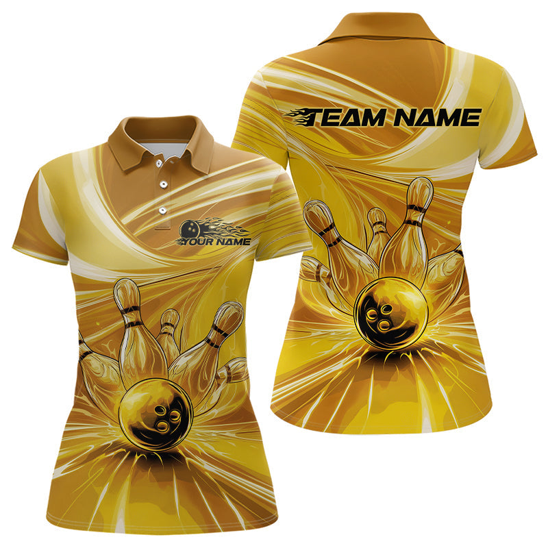Custom Black And Gold Bowling Polo Shirts For Women, Mens Bowling Uniform IPHW8019