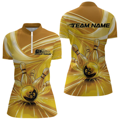 Custom Black And Gold Bowling Quarter-Zip Shirts For Women, Mens Bowling Uniform IPHW8019