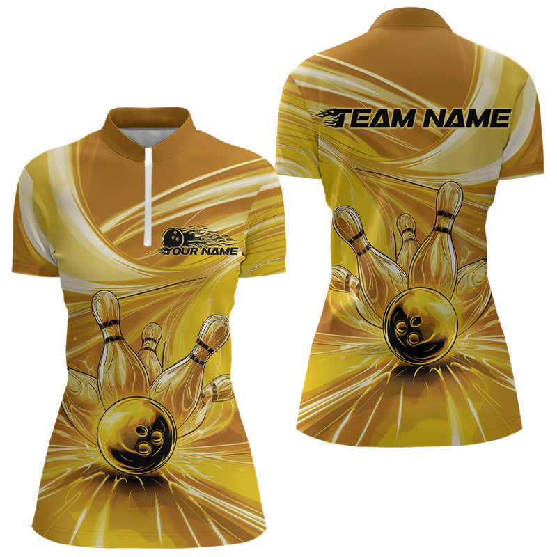 Custom Black And Gold Bowling Quarter-Zip Shirts For Women, Mens Bowling Uniform IPHW8019