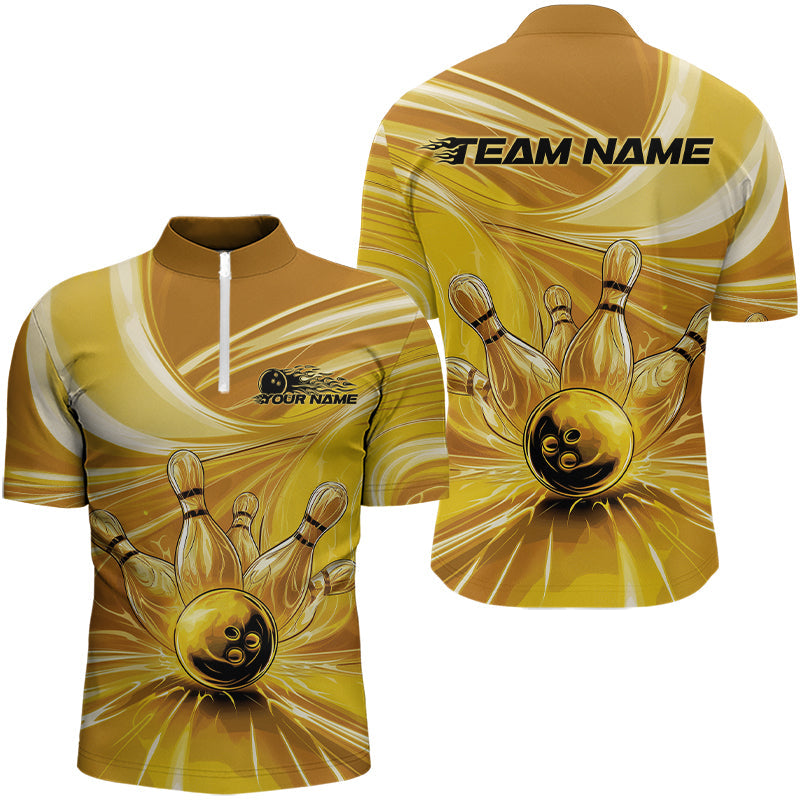Custom Black And Gold Bowling Quarter-Zip Shirts For Men, Mens Bowling Uniform IPHW8019