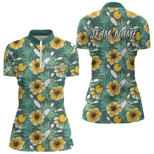 Custom Hibicus Floral Bowling Quarter-Zip Shirts For Women, Flower Bowling Team Shirts IPHW8021