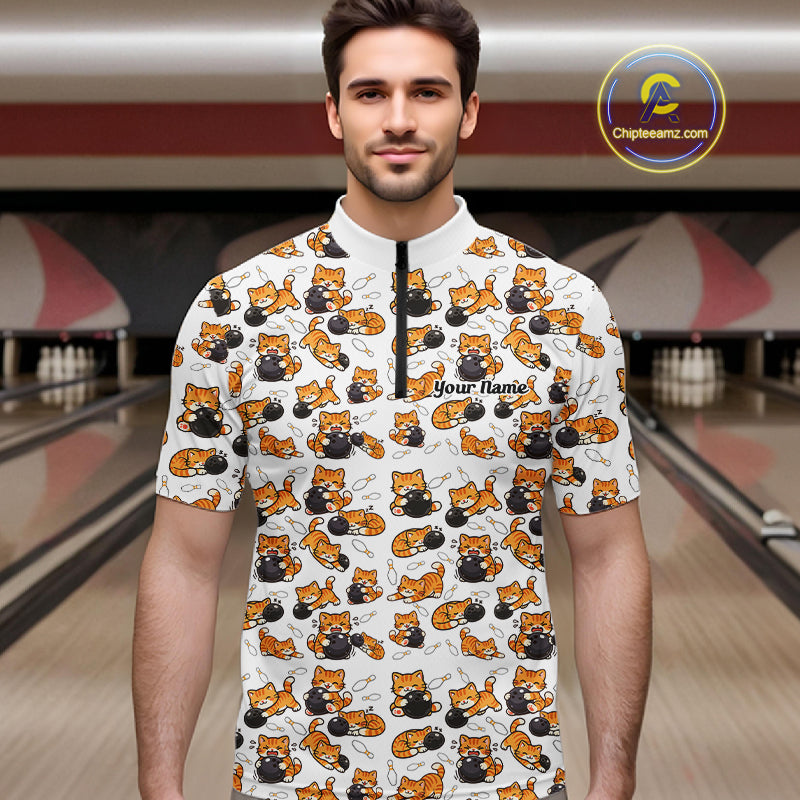Custom Cute Ginger Tabby Cat Bowling Men Quarter-Zip Shirts, Cat Bowling Team Shirt IPHW10303