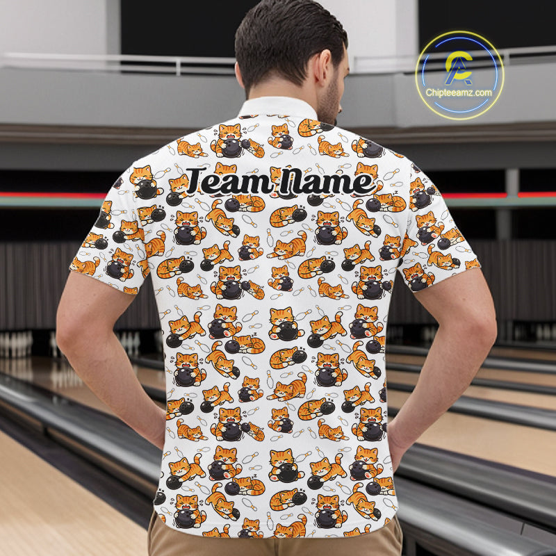 Custom Cute Ginger Tabby Cat Bowling Men Quarter-Zip Shirts, Cat Bowling Team Shirt IPHW10303