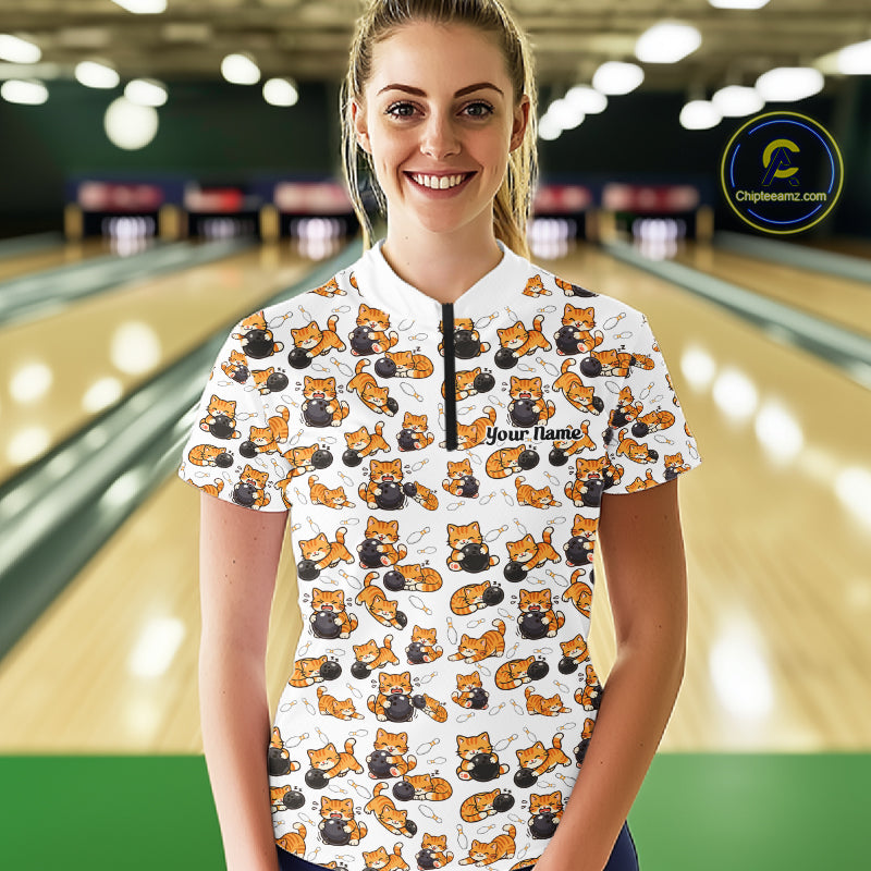 Custom Cute Ginger Tabby Cat Bowling Women Quarter-Zip Shirts, Cat Bowling Team Shirt IPHW10303