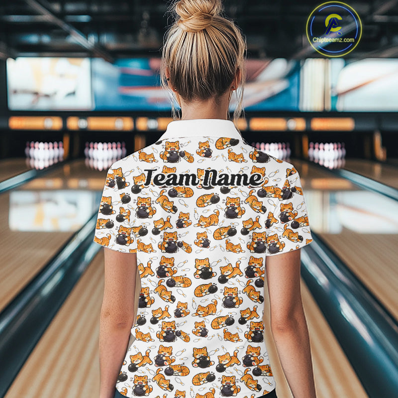 Custom Cute Ginger Tabby Cat Bowling Women Quarter-Zip Shirts, Cat Bowling Team Shirt IPHW10303