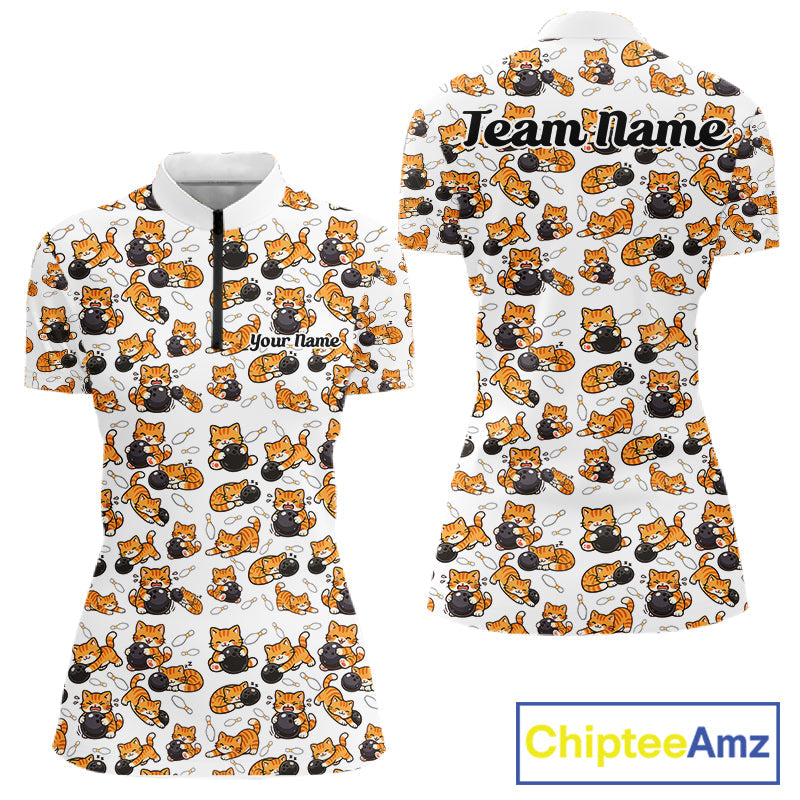 Custom Cute Ginger Tabby Cat Bowling Women Quarter-Zip Shirts, Cat Bowling Team Shirt IPHW10303