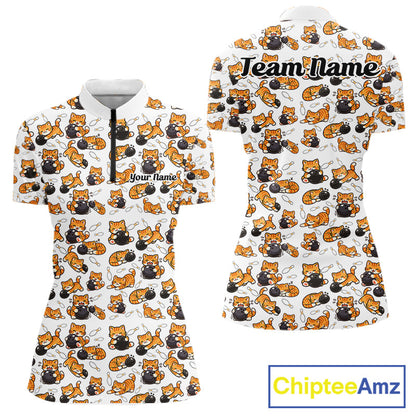 Custom Cute Ginger Tabby Cat Bowling Women Quarter-Zip Shirts, Cat Bowling Team Shirt IPHW10303