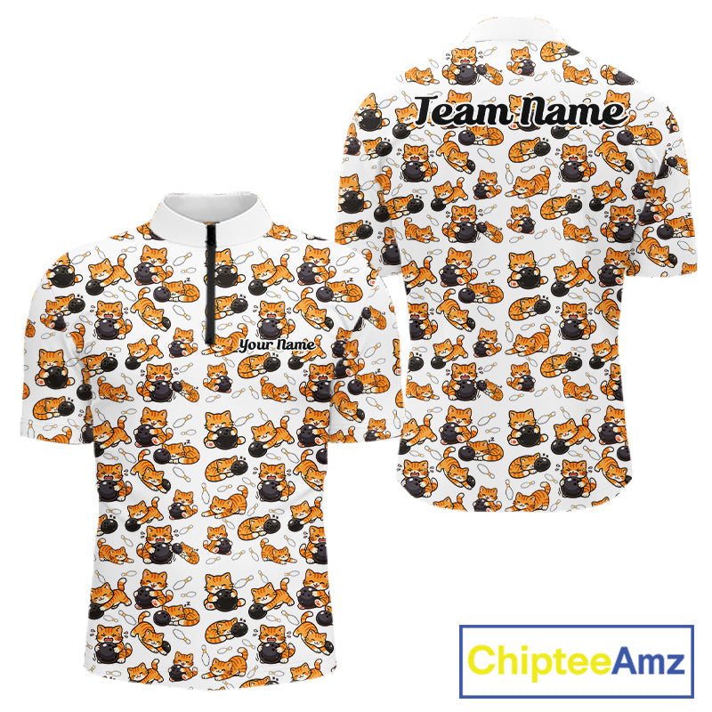 Custom Cute Ginger Tabby Cat Bowling Men Quarter-Zip Shirts, Cat Bowling Team Shirt IPHW10303