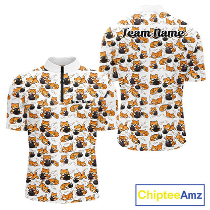 Custom Cute Ginger Tabby Cat Bowling Men Quarter-Zip Shirts, Cat Bowling Team Shirt IPHW10303