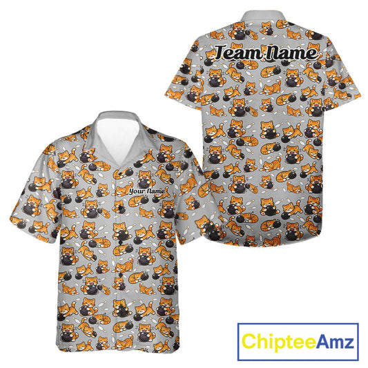 Custom Cute Ginger Tabby Cat Bowling Men And Women Hawaiian Shirts, Cat Bowling Team Shirt IPHW10304