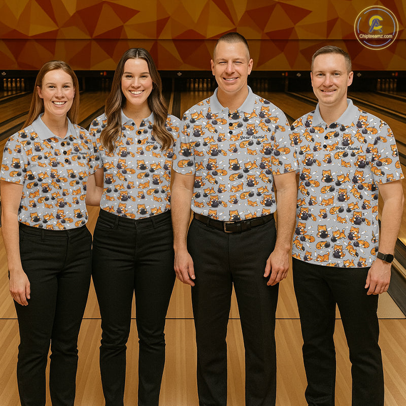 Custom Cute Ginger Tabby Cat Bowling Men Polo Shirts, Cat Bowling Team Shirt IPHW10304