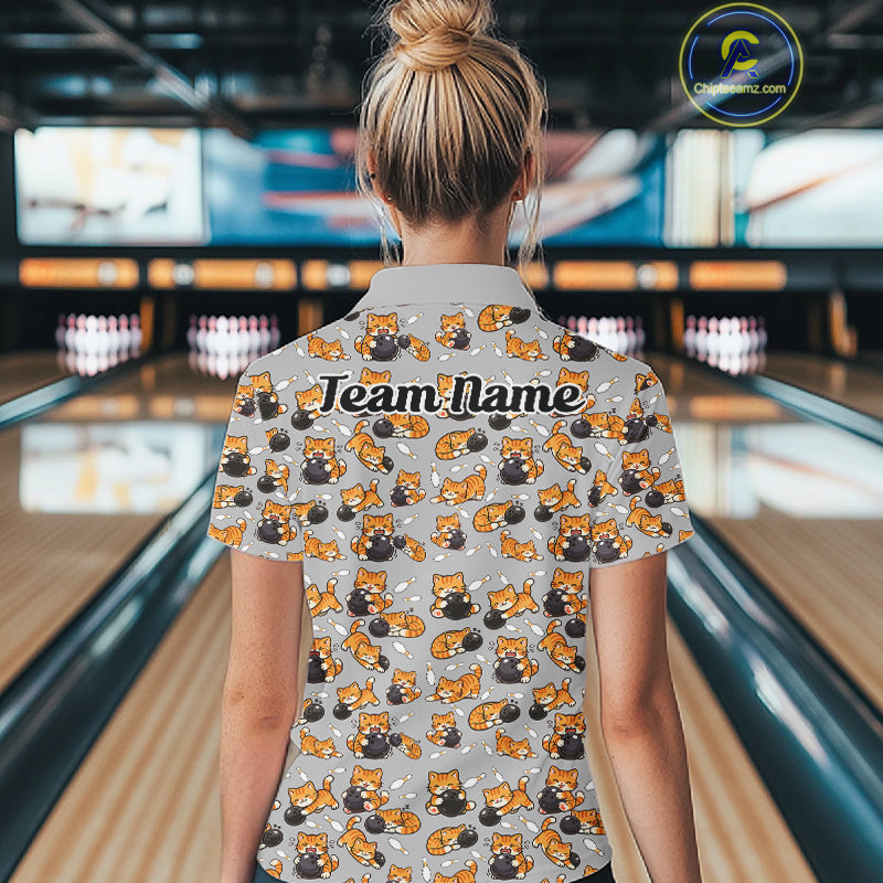 Custom Cute Ginger Tabby Cat Bowling Women Quarter-Zip Shirts, Cat Bowling Team Shirt IPHW10304