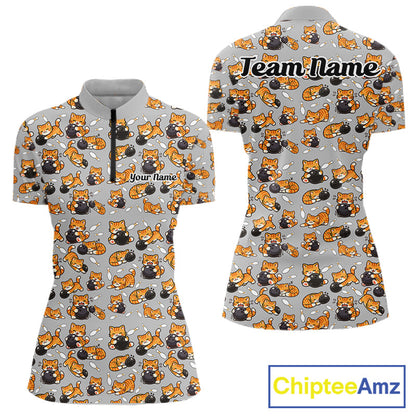 Custom Cute Ginger Tabby Cat Bowling Women Quarter-Zip Shirts, Cat Bowling Team Shirt IPHW10304