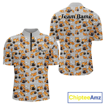 Custom Cute Ginger Tabby Cat Bowling Men Quarter-Zip Shirts, Cat Bowling Team Shirt IPHW10304