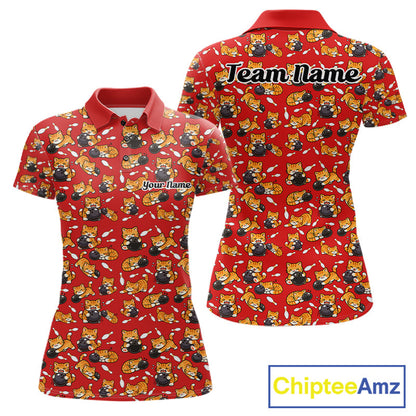 Custom Cute Ginger Tabby Cat Bowling Women Polo Shirts, Cat Bowling Team Shirt IPHW10305
