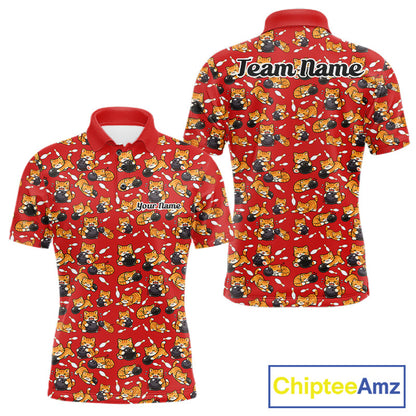 Custom Cute Ginger Tabby Cat Bowling Men Polo Shirts, Cat Bowling Team Shirt IPHW10305