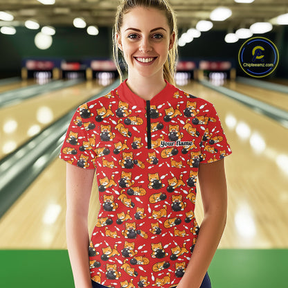 Custom Cute Ginger Tabby Cat Bowling Women Quarter-Zip Shirts, Cat Bowling Team Shirt IPHW10305