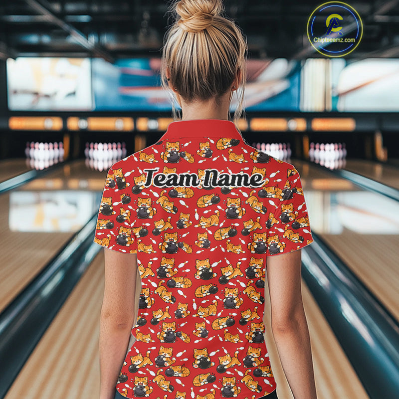 Custom Cute Ginger Tabby Cat Bowling Women Quarter-Zip Shirts, Cat Bowling Team Shirt IPHW10305