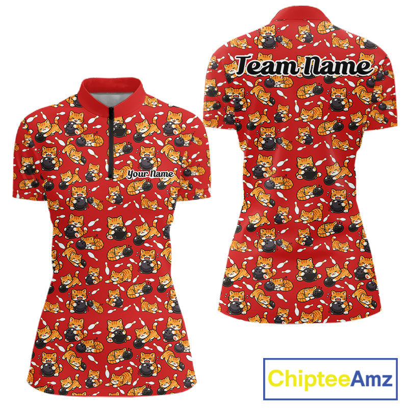 Custom Cute Ginger Tabby Cat Bowling Women Quarter-Zip Shirts, Cat Bowling Team Shirt IPHW10305