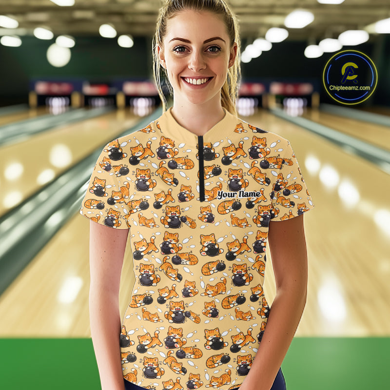 Custom Cute Ginger Tabby Cat Bowling Women Quarter-Zip Shirts, Cat Bowling Team Shirt IPHW10306