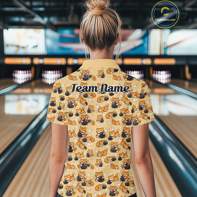 Custom Cute Ginger Tabby Cat Bowling Women Quarter-Zip Shirts, Cat Bowling Team Shirt IPHW10306