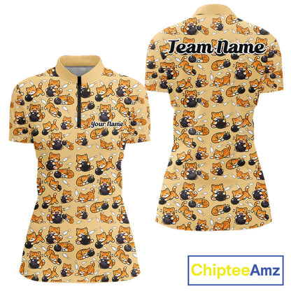 Custom Cute Ginger Tabby Cat Bowling Women Quarter-Zip Shirts, Cat Bowling Team Shirt IPHW10306