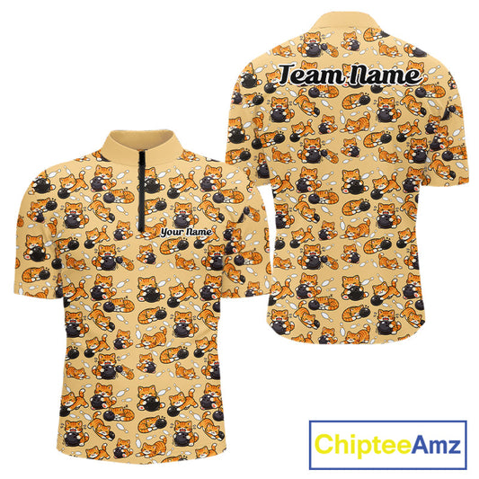 Custom Cute Ginger Tabby Cat Bowling Men Quarter-Zip Shirts, Cat Bowling Team Shirt IPHW10306