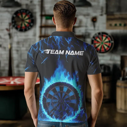Custom Black And Blue Fire Flame Dartboard Dart Polo Shirts For Men, Dart Tournament Shirt IPHW8493