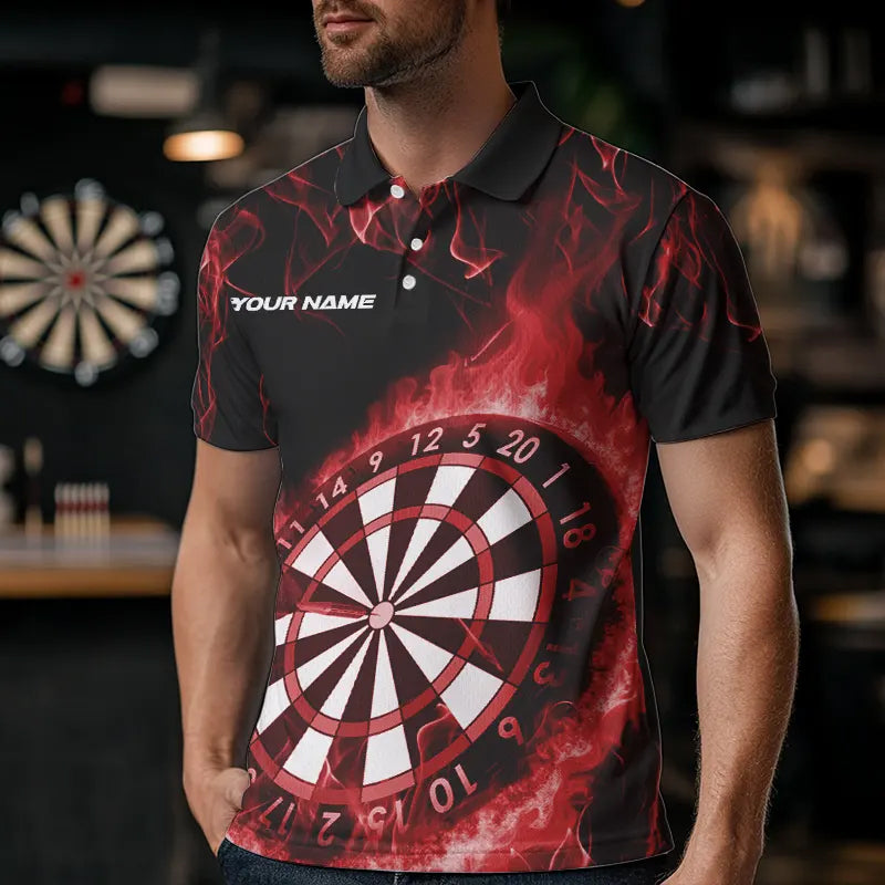 Custom Black And Red Fire Flame Dartboard Dart Polo Shirts For Men, Dart Tournament Shirt IPHW8494