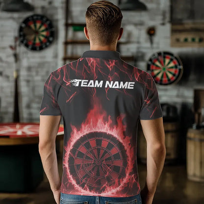 Custom Black And Red Fire Flame Dartboard Dart Polo Shirts For Men, Dart Tournament Shirt IPHW8494