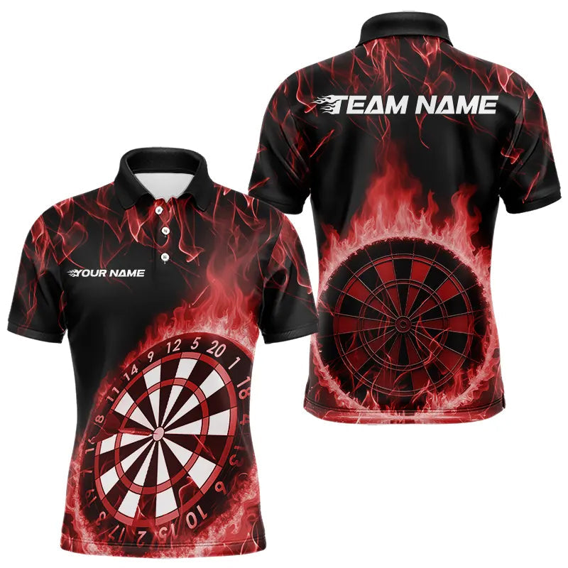 Custom Black And Red Fire Flame Dartboard Dart Polo Shirts For Men, Dart Tournament Shirt IPHW8494