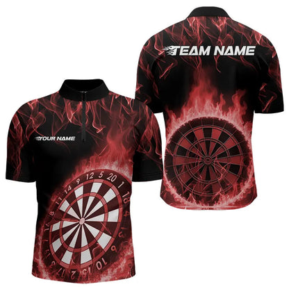 Custom Black And Red Fire Flame Dartboard Dart Quarter-Zip Shirts For Men, Dart Tournament Shirt IPHW8494