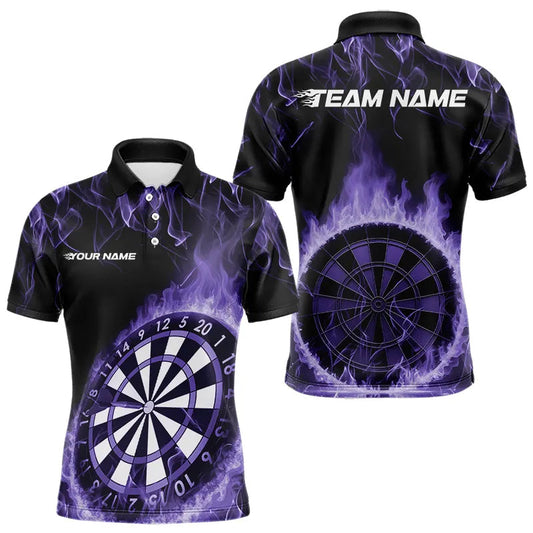 Custom Black And Purple Fire Flame Dartboard Dart Polo Shirts For Men, Dart Tournament Shirt IPHW8495