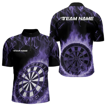 Custom Black And Purple Fire Flame Dartboard Dart Quarter-Zip Shirts For Men, Dart Tournament Shirt IPHW8495