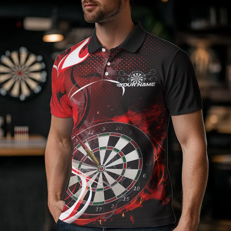 Custom Black And Red Flame Dart Team Polo Shirts For Men, Dart Tournament Shirts IPHW8502